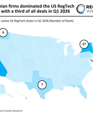 Californian firms dominated the US RegTech market with a third of all deals in Q1 2026 US RegTech deal activity Q1 2026
